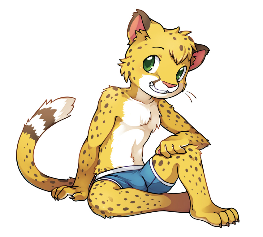cheetah chest_tuft cub cute feline fur green_eyes grin male mammal plain_background salmy smile solo spots teeth tuft underwear unrealplace white_background yellow_fur young
