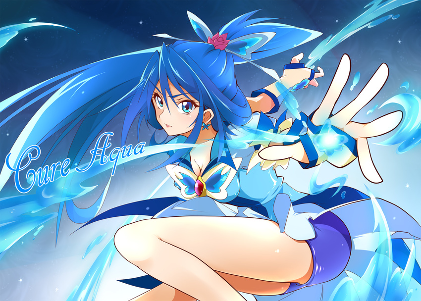 arm_warmers ashita_wa_hitsuji bike_shorts blue blue_background blue_eyes blue_hair blue_shorts breasts character_name cleavage cure_aqua detached_sleeves earrings english eyelashes fingerless_gloves gloves gradient gradient_background hair_ornament highres jewelry large_breasts long_hair looking_at_viewer magical_girl minazuki_karen ponytail precure puffy_sleeves shirt shorts shorts_under_skirt skirt solo vest wide_ponytail wrist_cuffs yes!_precure_5 yes!_precure_5_gogo!