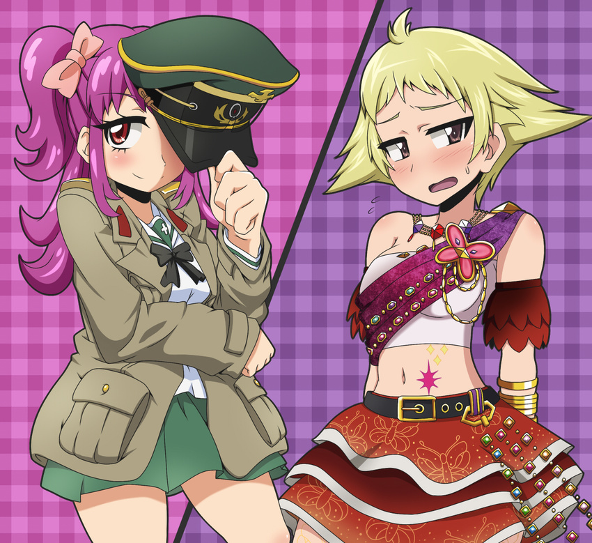 aikatsu! aikatsu!_(series) arms_behind_back belt blonde_hair blush bow bowtie bracelet brown_eyes cosplay costume_switch crossover embarrassed erwin_(girls_und_panzer) erwin_(girls_und_panzer)_(cosplay) flying_sweatdrops frilled_skirt frills girls_und_panzer green_skirt hair_ribbon hat jacket jewelry kani_club long_hair long_sleeves looking_at_viewer military military_hat military_uniform miniskirt minowa_hikari minowa_hikari_(cosplay) moriya_satomi multiple_girls navel necklace ooarai_school_uniform open_mouth peaked_cap pink_hair plaid plaid_background pleated_skirt purple_eyes ribbon sash school_uniform seiyuu_connection serafuku short_hair skirt smile standing strapless sweatdrop tubetop two_side_up uniform