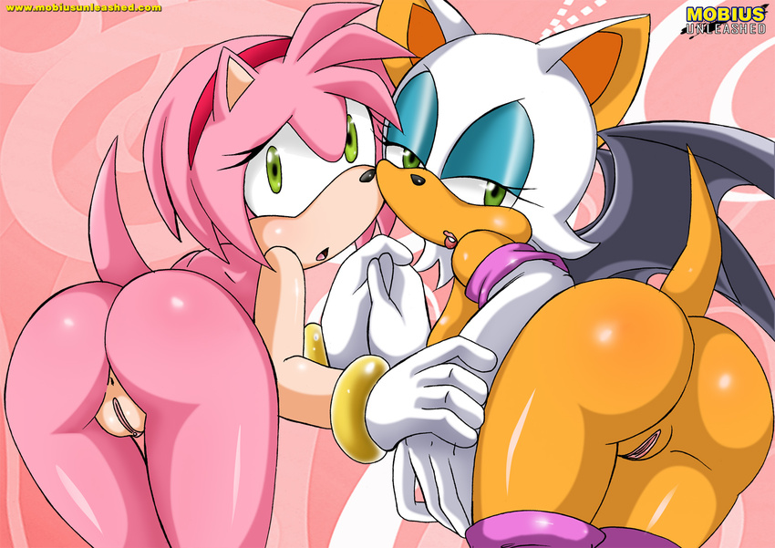 anthro anus bat bbmbbf breasts butt duo female fur green_eyes hair hedgehog mammal mobius_unleashed nipples nude open_mouth palcomix pink_fur pink_hair presenting presenting_hindquarters pussy rouge_the_bat sega sonic_(series) text white_hair wings