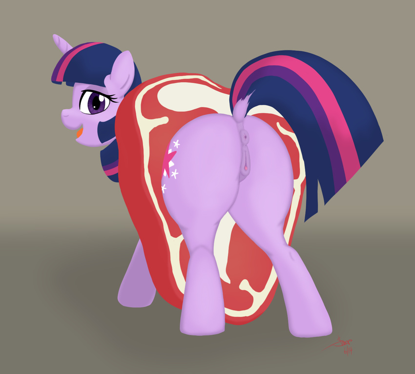 anus big_butt butt clitoral_winking clitoris costume cutie_mark equine female friendship_is_magic fur grey_background hair hooves horn horse looking_at_viewer looking_back mammal my_little_pony open_mouth plain_background pony presenting purple_eyes purple_fur purple_hair pussy rainbow_dosh raised_tail smile solo steak twilight_sparkle_(mlp) two_tone_hair