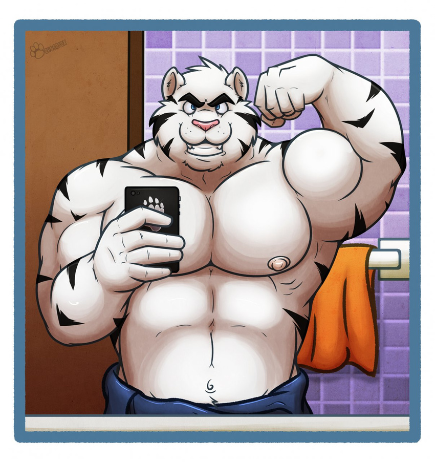 almasy anthro bathroom biceps big_muscles camera cellphone feline flexing looking_at_viewer male mammal muscles pecs phone selfie solo standing tiger topless towel white_tiger yinhuo