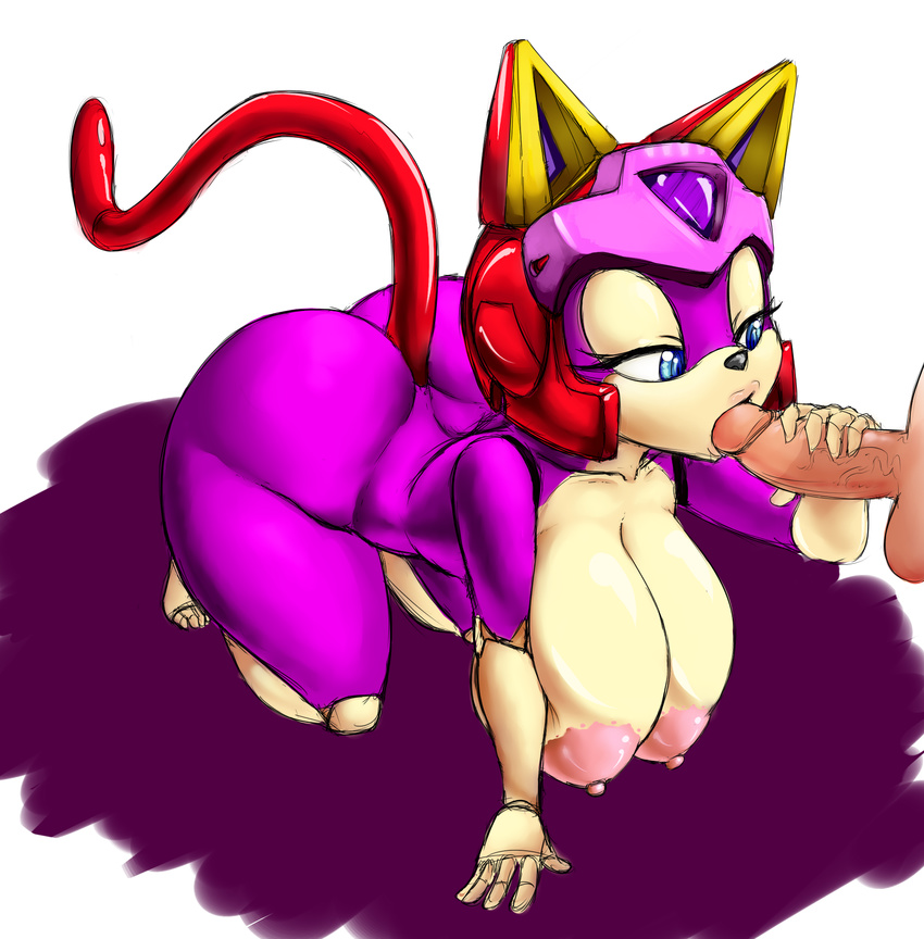 balls big_breasts breasts cat disembodied_penis duo feline fellatio female huge_breasts human male mammal nude oral oral_sex penis polly_esther samurai_pizza_cats sex thecon