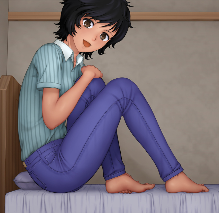aoi_honou barefoot bed black_hair brown_eyes denim feet hand_on_own_knee hands_on_feet highres jeans looking_at_viewer on_bed open_mouth pants pillow shirt short_hair sitting smile solo striped striped_shirt toumi_(sr) wall
