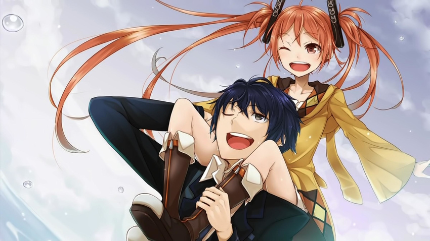 1girl ;d ayakura_juu black_bullet boots carrying end_card highres knee_boots one_eye_closed open_mouth resized satomi_rentarou shoulder_carry smile upscaled