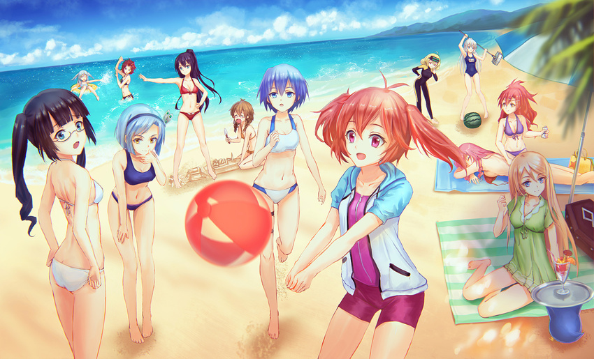 :d ahoge akuma_no_riddle azuma_tokaku back bag ball banba_mahiru bangs barefoot beach beach_towel beach_umbrella beachball bike_shorts bikini black_hair blonde_hair blue_eyes blue_hair blunt_bangs blurry bodysuit breasts brown_eyes butt_crack cloud cloudy_sky cocktail cocktail_umbrella collarbone day depth_of_field diving_mask_on_head drinking_straw everyone food front-tie_bikini front-tie_top fruit glasses hair_ornament hairband hairclip halterneck hanabusa_sumireko hand_on_hip handbag hashiri_nio horizon ichinose_haru innertube inukai_isuke jacket kaminaga_kouko kenmochi_shiena kirigaya_hitsugi lying medium_breasts multiple_girls namatame_chitaru navel ocean on_stomach one-piece_swimsuit open_clothes open_jacket open_mouth orange orange_slice outdoors outstretched_arm palm_tree ponytail purple_bikini purple_eyes purple_hair rakuhei red_hair running sagae_haruki sand sand_sculpture semi-rimless_eyewear short_hair shutou_suzu silver_hair sitting sky sledgehammer small_breasts smile splashing standing suikawari sunbathing swimsuit takechi_otoya towel tray tree tropical_drink twintails umbrella untied volleyball wading watermelon wetsuit white_bikini yellow_eyes yokozuwari