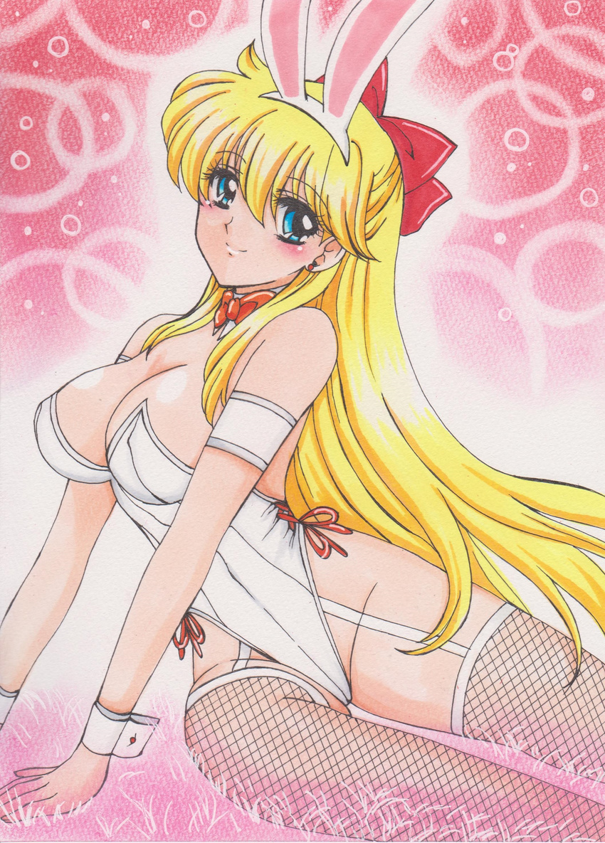 absurdres aino_minako animal_ears armband bad_id bad_pixiv_id bishoujo_senshi_sailor_moon blonde_hair blue_eyes blush bow bowtie breasts bubble bunny_ears bunny_girl bunnysuit bustier earrings fishnet_legwear fishnets garter_straps hair_ribbon highres jewelry large_breasts long_hair looking_at_viewer rascal_(n119) red_bow ribbon smile solo thighhighs traditional_media very_long_hair wrist_cuffs