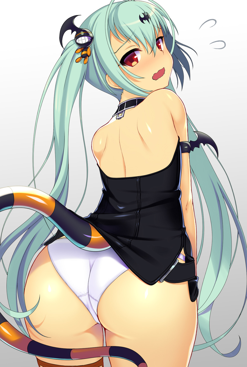 alice_(queen's_gate) aqua_hair armlet ass bare_shoulders blush choker hair_ornament highres kyoku_tou long_hair open_mouth panties queen's_gate red_eyes simple_background solo tail twintails underwear very_long_hair white_panties