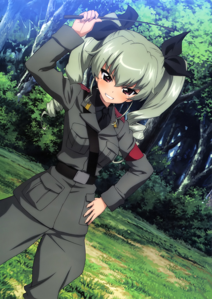 absurdres anchovy anzio_military_uniform belt black_shirt dress_shirt drill_hair girls_und_panzer grey_jacket grey_pants highres jacket long_sleeves military military_uniform necktie official_art pants shirt shoulder_belt solo twin_drills twintails uniform