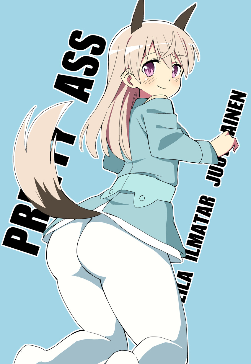 animal_ears ass blush character_name eila_ilmatar_juutilainen english from_behind glastonbury1966 highres long_hair long_sleeves looking_back military military_uniform pantyhose purple_eyes silver_hair smile solo strike_witches tail uniform white_legwear world_witches_series