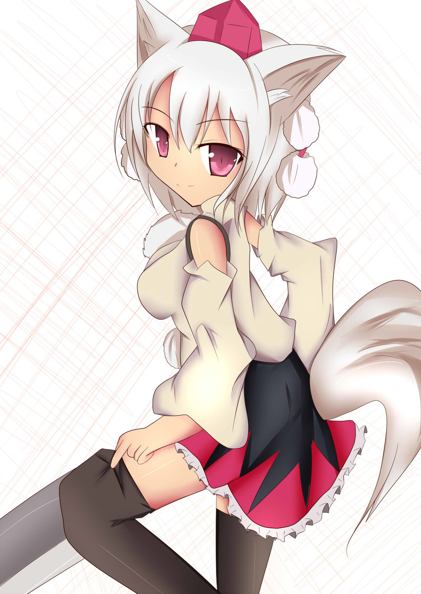 animal_ears bare_shoulders black_legwear breasts detached_sleeves hat highres inubashiri_momiji looking_at_viewer medium_breasts pom_pom_(clothes) red_eyes short_hair silver_hair smile solo sword tail thighhighs tokin_hat touhou weapon wolf_ears wolf_tail