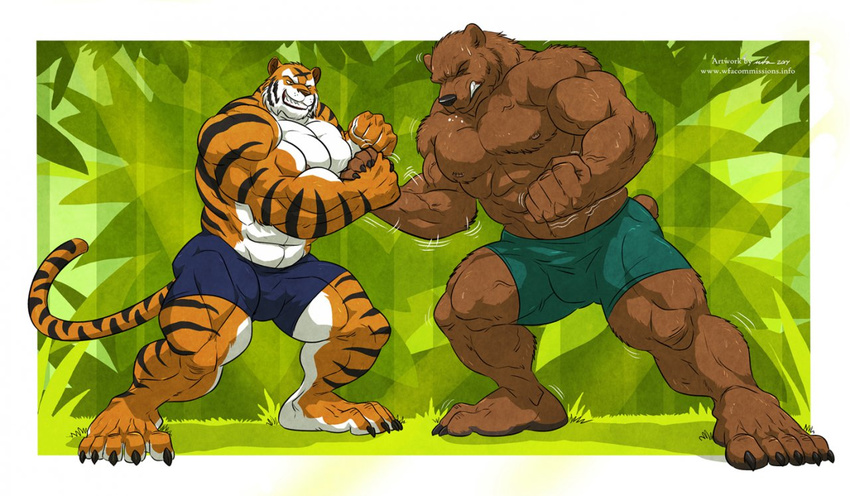 5_toes abs anthro arm_wrestling bear biceps big_muscles black_fur black_nose body_markings brown_fur bulge claws clenched_teeth clothing duo eyes_closed fangs feline fur grin grizzly_bear male mammal markings mike_the_tiger muscles nipples paws pecs plain_background pose shorts smile standing stripes struggling sweat teeth tiger toe_claws toes toned topless vein wfa white_fur