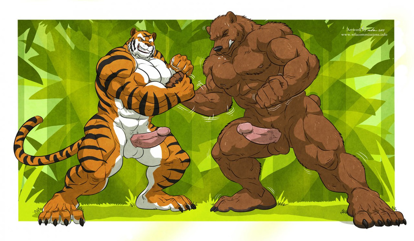 5_toes abs anthro arm_wrestling balls bear biceps big_muscles black_fur black_nose body_markings brown_fur circumcised claws clenched_teeth clothing duo erection eyes_closed fangs feline fight fur gay grin grizzly_bear humanoid_penis male mammal markings mike_the_tiger muscles nipples nude paws pecs penis plain_background pose sheath shorts side_view smile standing stripes struggling sweat teeth tiger toe_claws toes toned topless vein wfa white_fur