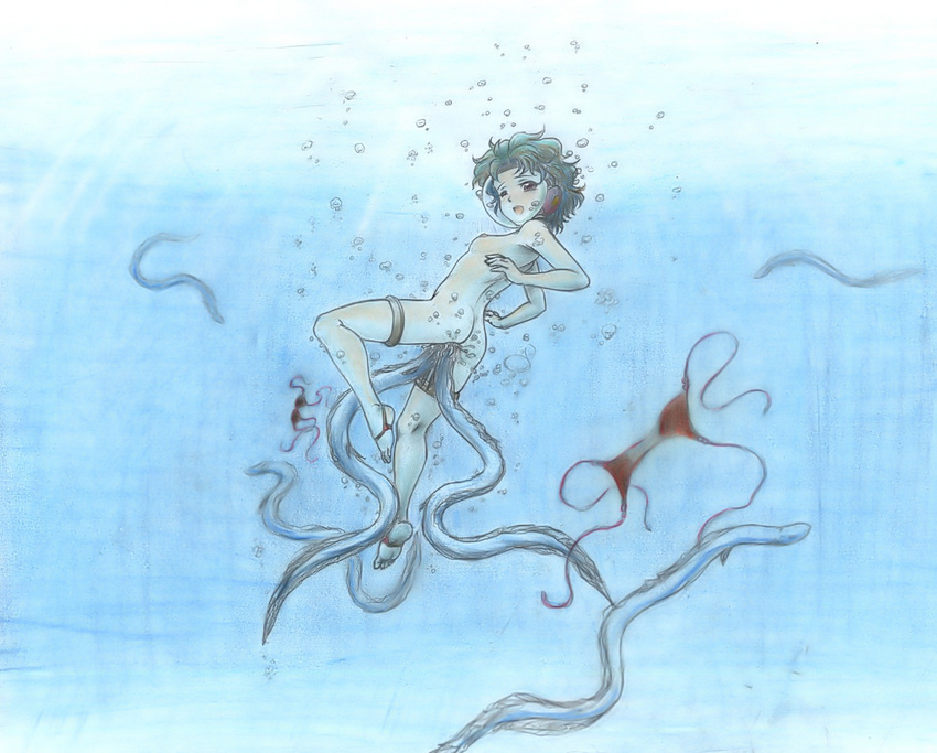 ass bestiality bikini bikini_bottom_removed bikini_top_removed breasts brown_eyes bubble colored_pencil_(medium) commentary_request diving_mask double_penetration eel full_body graphite_(medium) green_hair harumachi_nagaaki nipples nude one_eye_closed open_mouth original pussy_juice scuba small_breasts solo swimsuit swimsuit_removed tentacles traditional_media underwater underwater_sex