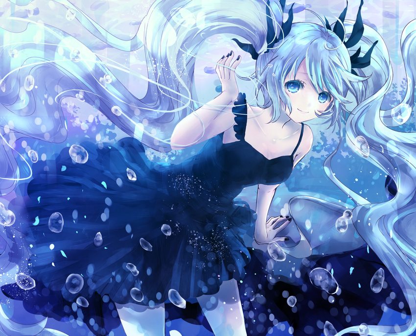 alicetype blue_eyes blue_hair bubbles deep-sea_girl_(vocaloid) dress hatsune_miku long_hair twintails underwater vocaloid water