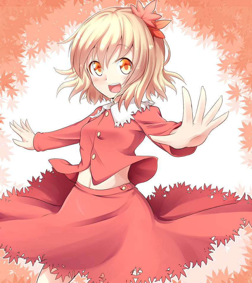 absurdres aki_shizuha blonde_hair hair_ornament highres long_sleeves looking_at_viewer midriff navel nogisaka_kushio open_mouth outstretched_arms shirt skirt skirt_set smile solo touhou yellow_eyes