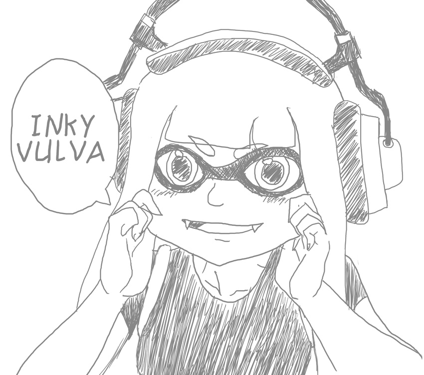 absurdres cheek_pinching eyes fangs greyscale headphones highres inkling mask monochrome parody pinching smile spice_and_wolf splatoon_(series) splatoon_1