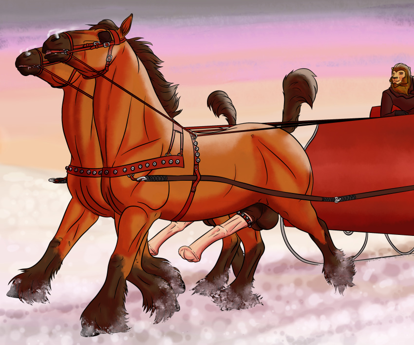 2018 animal_genitalia animal_penis anthro balls clothed clothing cock_ring digital_drawing_(artwork) digital_media_(artwork) equine equine_penis erection feline feral fur group hair hi_res holidays horse lion lionsilverwolf male mammal no_sex open_mouth outside pantherine penis simple_background sleigh smile snow