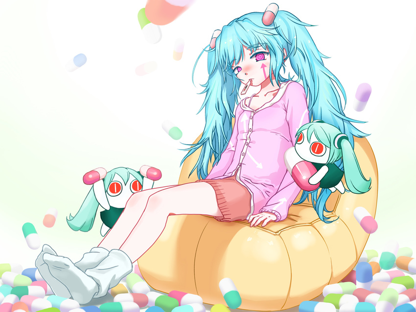 aimaina bloodtea blue_hair hatsune_miku highres long_hair pill pink_eyes sitting slow_motion_(vocaloid) socks solo thermometer twintails very_long_hair vocaloid