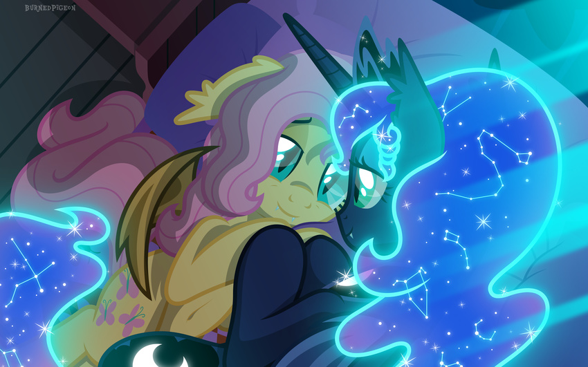 absurd_res bat_pony bat_wings bed blue_fur blue_hair burnedpigeon constellations crown cutie_mark duo equine fangs female feral flutterbat_(mlp) fluttershy_(mlp) friendship_is_magic fur hair hi_res horn long_hair lying mammal my_little_pony on_side pegasus pillow pink_hair princess_luna_(mlp) royalty slit_pupils smile teal_eyes tree winged_unicorn wings yellow_fur