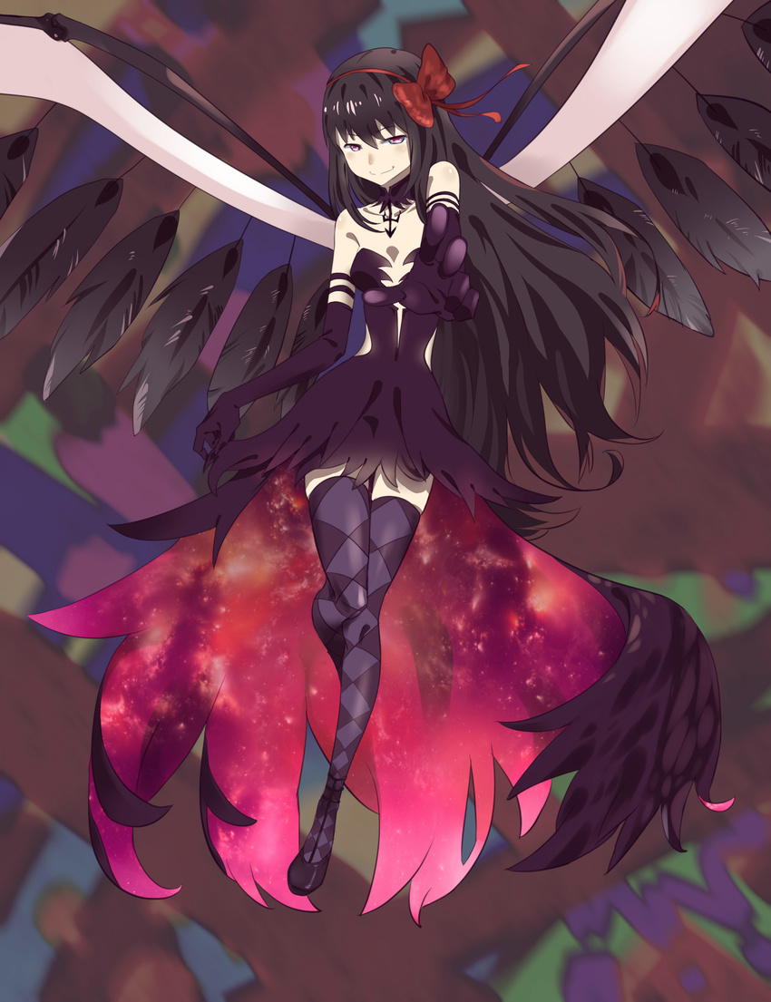 absurdres akemi_homura akuma_homura argyle argyle_legwear bare_shoulders black_gloves black_hair black_wings bow chaoyangqusi choker dress elbow_gloves feathered_wings gloves hair_bow highres long_hair looking_at_viewer mahou_shoujo_madoka_magica mahou_shoujo_madoka_magica_movie outstretched_arm purple_eyes smile solo space thighhighs very_long_hair wings zettai_ryouiki