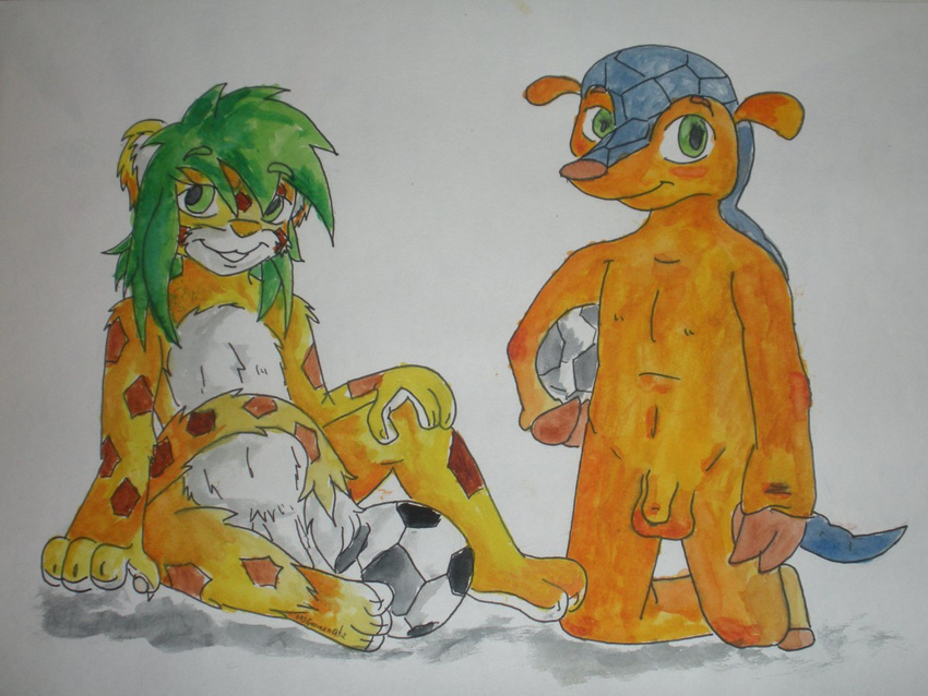 balls cheetah duo feline fuleco kneeling ladyskd looking_at_viewer male mammal mascot nude penis pose sitting soccer_ball traditional_media watercolor young zakumi