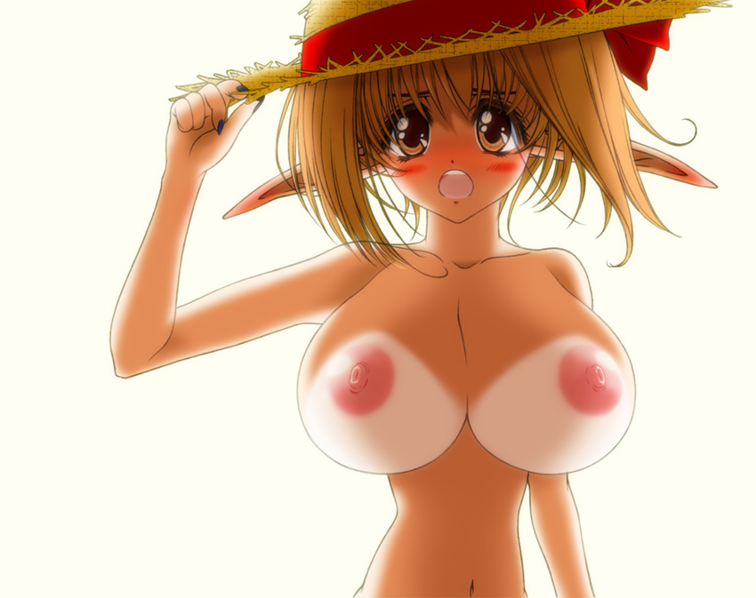 1girl areolae blonde_hair blush breasts elf female hat huge_breasts large_areolae nail_polish nipples open_mouth original pointy_ears shoujo_kousaku_(eltole) simple_background tan tanline white_background yellow_eyes