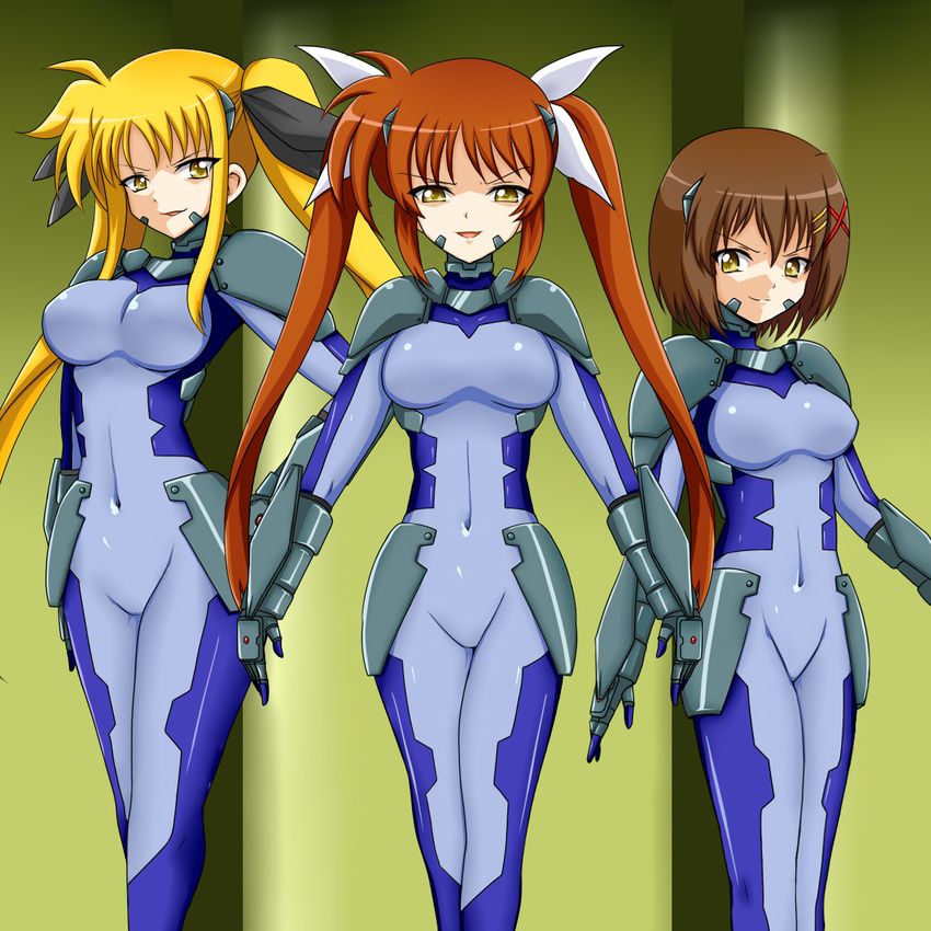 &gt;:) bad_end blonde_hair bodysuit breasts brown_hair cosplay dark_persona ebako evil_smile facial_hair fate_testarossa gauntlets hair_ornament highres long_hair looking_at_viewer lyrical_nanoha mahou_shoujo_lyrical_nanoha_strikers md5_mismatch medium_breasts multiple_girls numbers'_uniform numbers_(nanoha) red_hair short_hair smile takamachi_nanoha twintails v-shaped_eyebrows x_hair_ornament yagami_hayate yellow_eyes