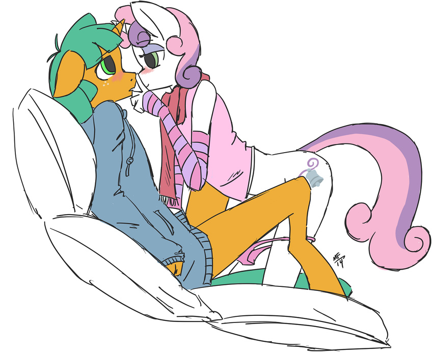 anthro anthrofied arm_warmers blush bottomless couple cutie_mark duo equine eye_contact female female_on_top friendship_is_magic green_eyes green_hair hair hi_res hoodie horn imminent_sex lying male mammal my_little_pony on_top orange_body panties panties_down pink_hair plain_background scarf snails_(mlp) solisdrawstuff straight sweetie_belle_(mlp) underwear unicorn white_background white_body