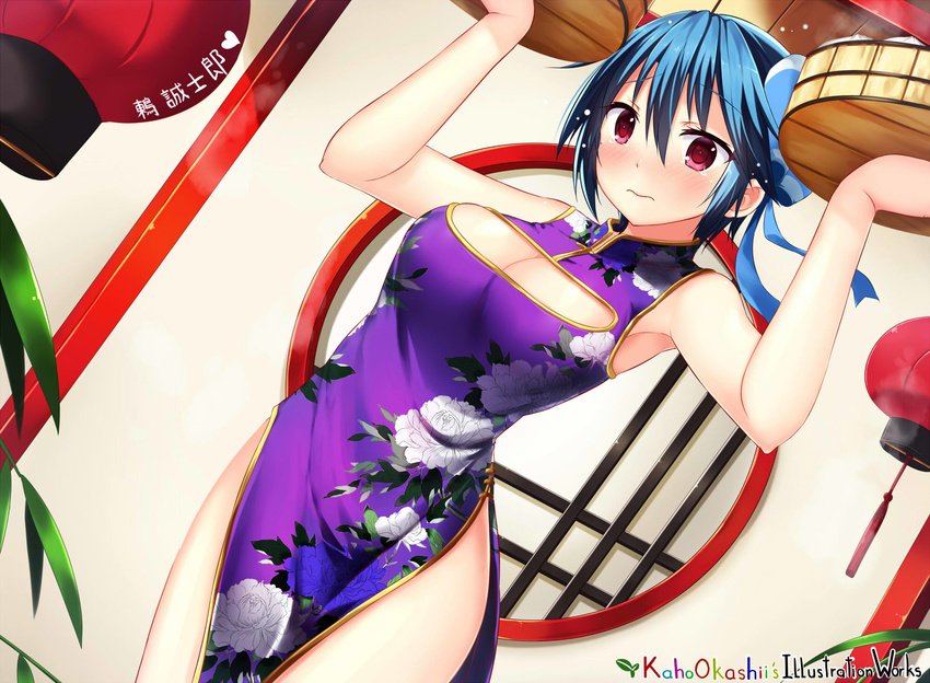 3: artist_name bamboo_steamer baozi blue_eyes blush breasts china_dress chinese_clothes cleavage cleavage_cutout dress dutch_angle embarrassed floral_print food highres kaho_okashii large_breasts nisekoi purple_dress red_eyes short_hair solo tears tsugumi_seishirou