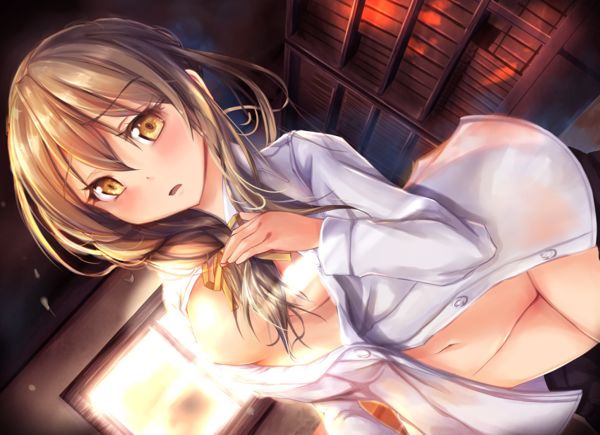 1girl blush bookshelf braid breasts brown_eyes brown_hair gc3 goblin_slayer! guild_girl_(goblin_slayer!) indoors long_hair looking_at_viewer medium_breasts navel open_mouth solo unbuttoned window