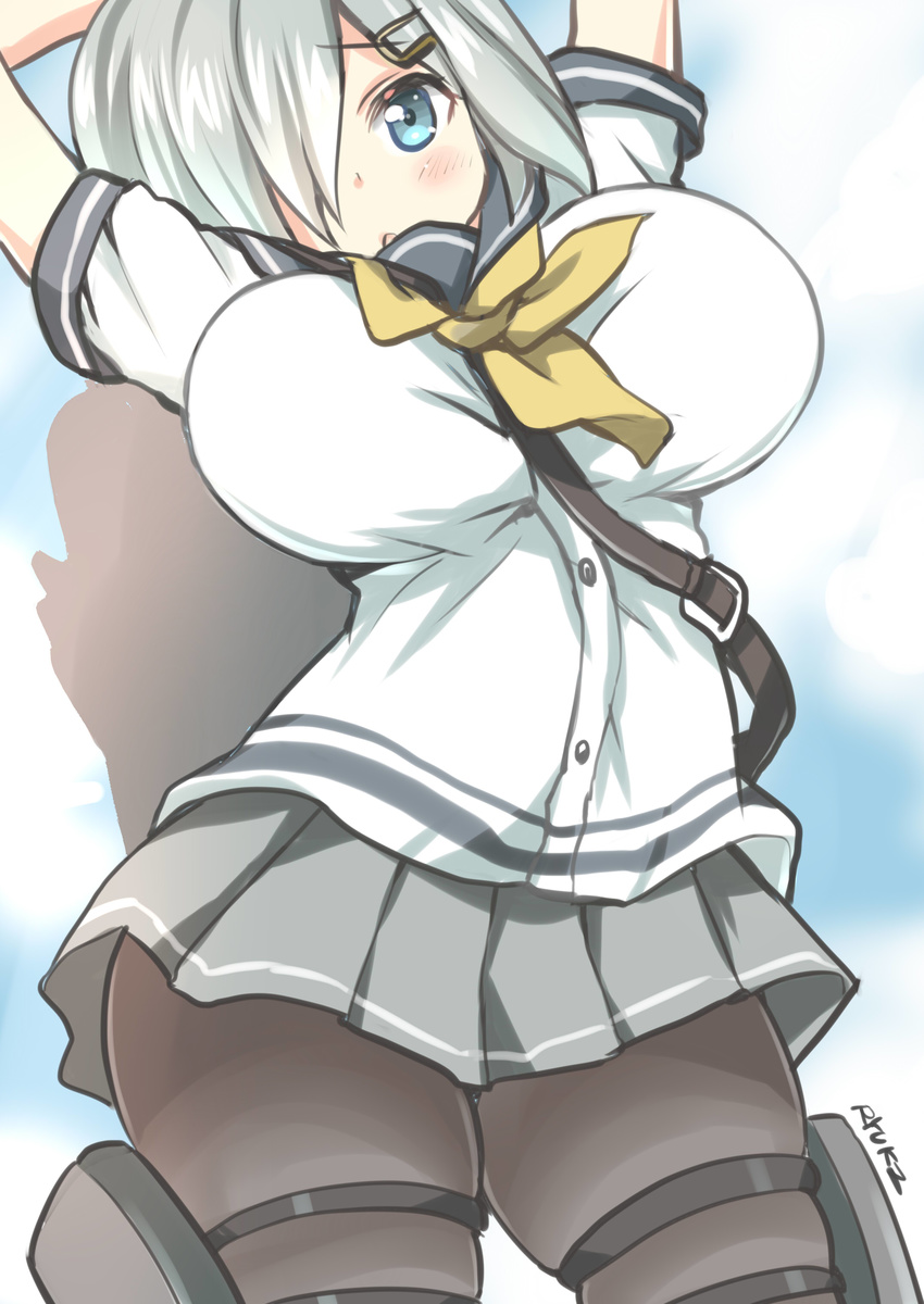 absurdres blue_eyes breasts hair_ornament hair_over_one_eye hairclip hamakaze_(kantai_collection) highres kantai_collection large_breasts looking_at_viewer necktie pantyhose ryuki_(ryukisukune) school_uniform serafuku short_hair short_sleeves silver_hair skirt skirt_lift solo strap