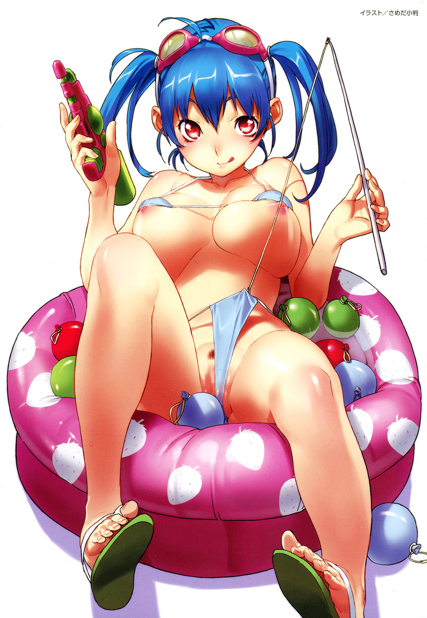 :q bikini blue_hair breasts feet highres innertube large_breasts light_smile long_hair looking_at_viewer nipples pubic_hair red_eyes sameda_koban sandals simple_background soles solo swimsuit toes tongue tongue_out twintails water_gun water_yoyo white_hair