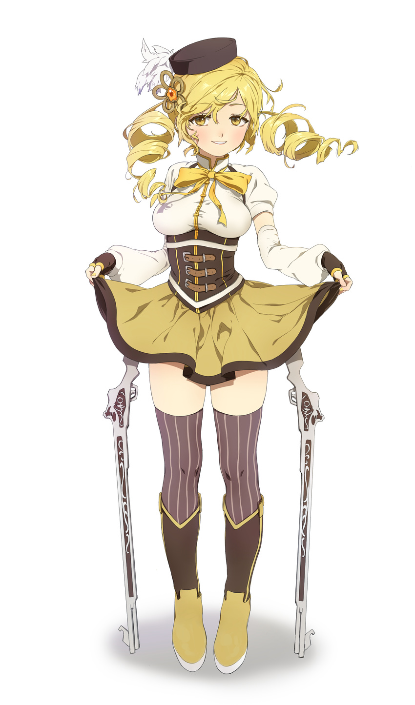 absurdres bad_id bad_pixiv_id beret blonde_hair boots breasts corset detached_sleeves drill_hair fingerless_gloves full_body gloves gun hair_ornament hairpin hat highres inja large_breasts long_hair magical_girl magical_musket mahou_shoujo_madoka_magica parted_lips skirt skirt_hold solo striped striped_legwear thighhighs tomoe_mami transparent_background twin_drills twintails vertical-striped_legwear vertical_stripes weapon yellow_eyes zettai_ryouiki