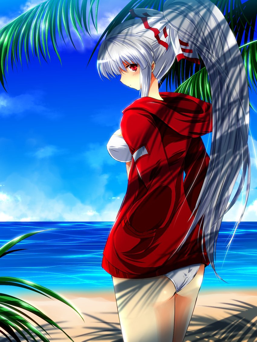 alternate_costume alternate_hairstyle ass beach bikini blue_sky bow breasts cloud contemporary dappled_sunlight day fujiwara_no_mokou hair_bow hands_in_pockets highres hood hoodie large_breasts long_hair long_sleeves looking_at_viewer looking_back nekominase outdoors palm_tree ponytail red_eyes silver_hair sky solo sunlight swimsuit touhou tree very_long_hair water white_bikini