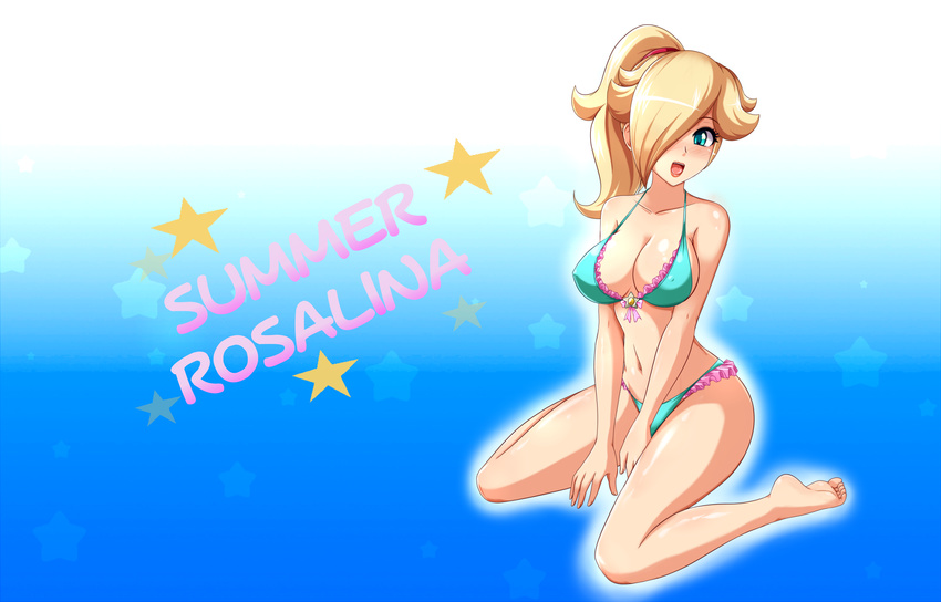 :d alternate_hairstyle aqua_eyes barefoot between_legs bikini blonde_hair blush breasts cleavage feet frilled_bikini frills front-tie_bikini front-tie_top hair_over_one_eye hand_between_legs highres large_breasts long_hair looking_at_viewer mario_(series) navel open_mouth ponytail rosetta_(mario) sigurd_hosenfeld sitting smile soles solo star super_mario_bros. super_mario_galaxy swimsuit toes v_arms wariza