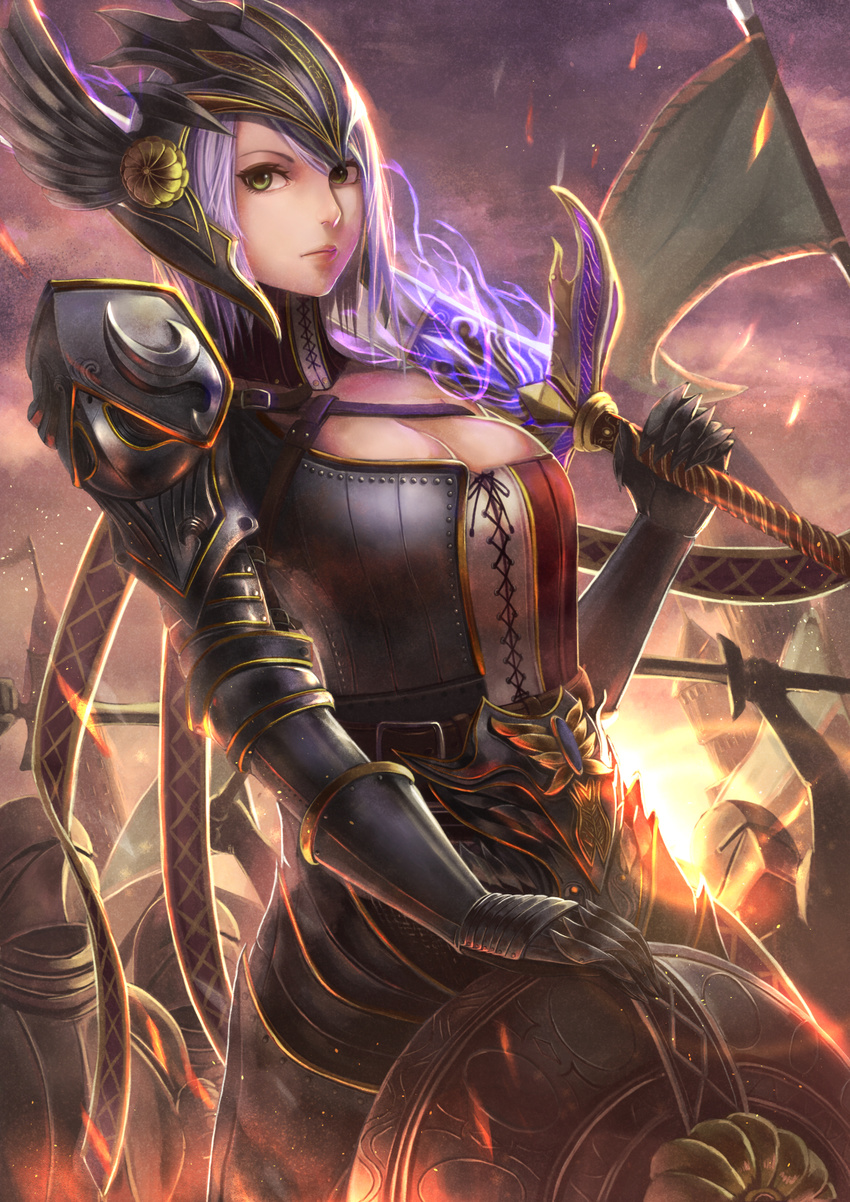 armor bad_id bad_pixiv_id banned_artist battle breasts cleavage energy flag green_eyes highres lips long_hair looking_at_viewer medium_breasts original purple_hair solo sword weapon yazuwo