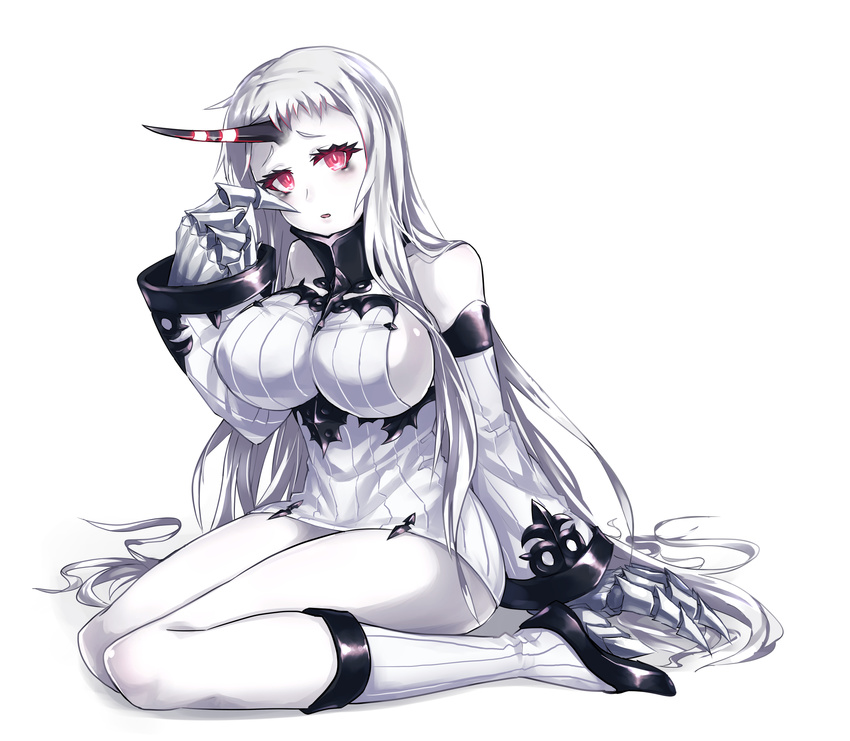 bare_shoulders breasts claws detached_sleeves dress highres horn kantai_collection large_breasts long_hair pale_skin red_eyes ribbed_dress samael_(5211) seaport_hime shinkaisei-kan short_dress sideboob solo sweater sweater_dress thighs white_hair