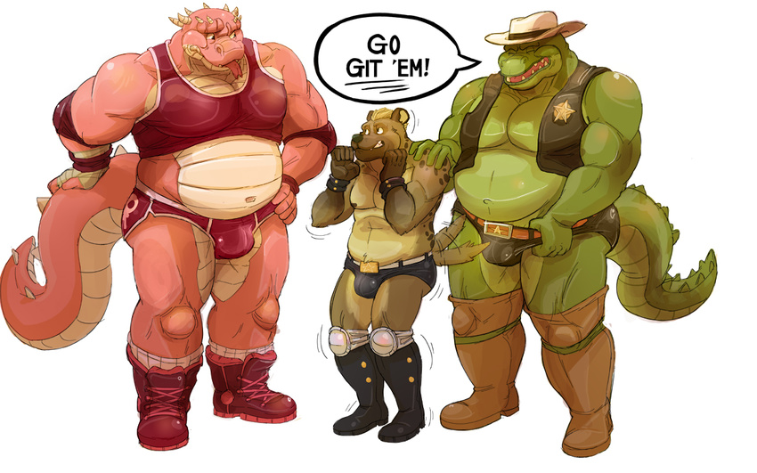 alligator anthro belly biceps big_muscles big_tex boots bracelet bulge chubby clothing cowboy cowboy_hat daire301 dialog dragon english_text forked_tongue green_skin group hat hyena jacket jewelry male mammal midriff musclegut muscles open_shirt pecs pink_skin plain_background reptile scalie shirt speedo stetson swimsuit tailwag tank_top text thong tongue tongue_out topless underwear vest white_background wrestling