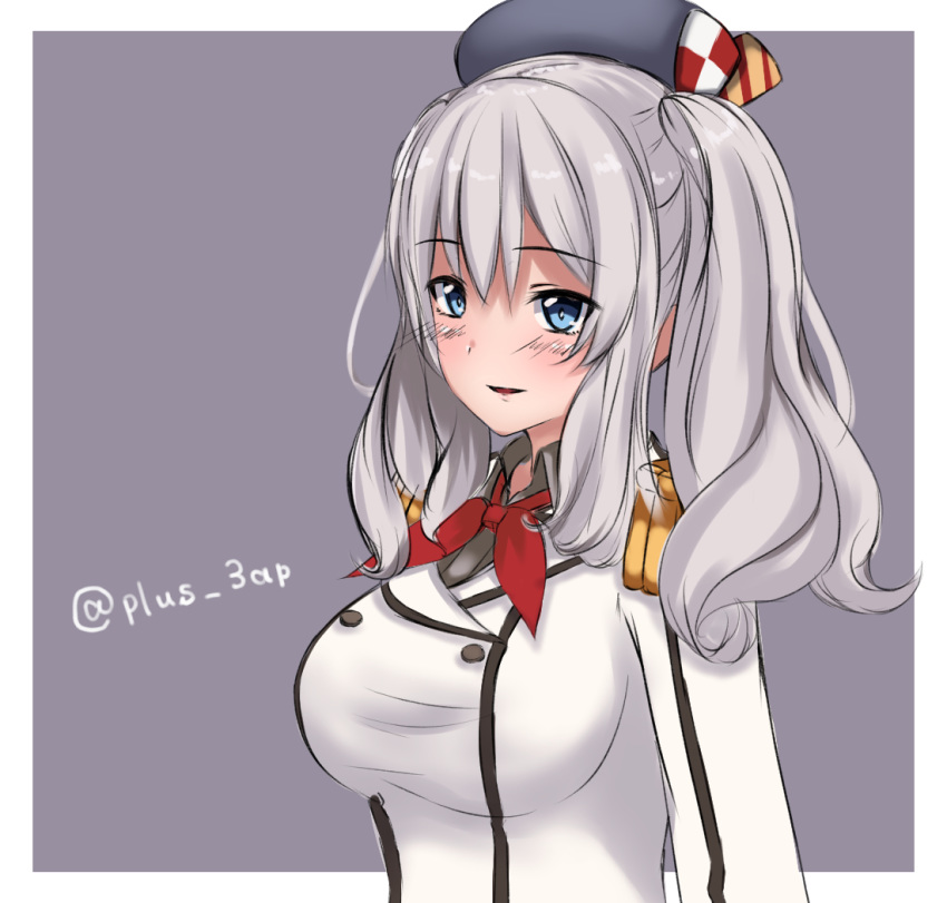 1girl beret black_hat blue_eyes breasts buttons epaulettes hat jacket kantai_collection kashima_(kantai_collection) large_breasts long_sleeves looking_at_viewer military_jacket neckerchief purple_background red_neckwear saplus sidelocks silver_hair simple_background smile solo twintails twitter_username wavy_hair white_jacket