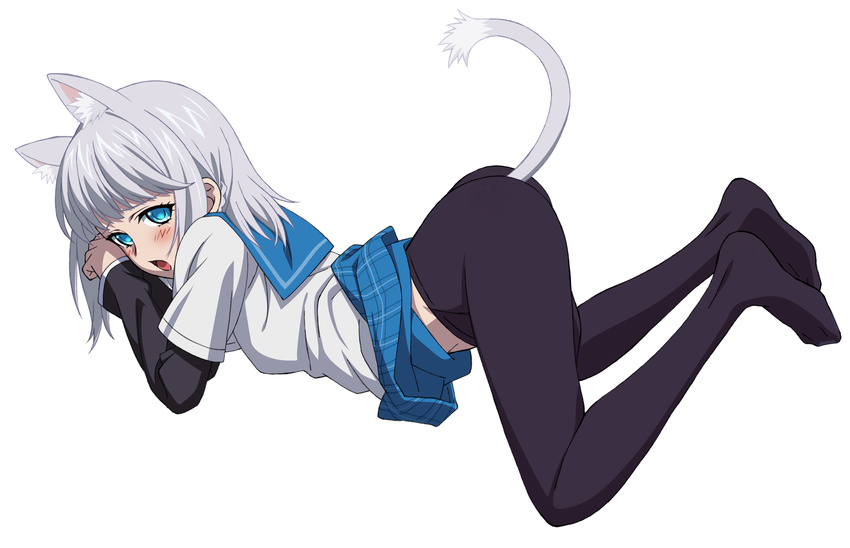 animal_ears ass blue_eyes blush cat_ears cat_tail highres kanase_kanon looking_at_viewer mokke_(mokke99) no_panties open_mouth pantyhose school_uniform short_hair silver_hair solo strike_the_blood tail