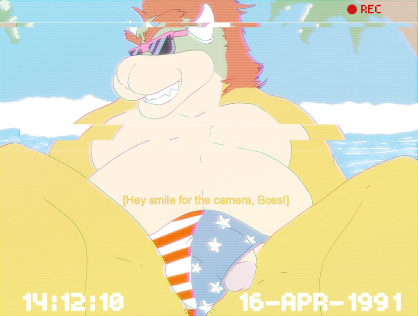 belly bowser bulge chubby dialog eyewear flaccid grin hair horn koopa male mario_bros nintendo palm_tree penis poking_out recording red_hair rohly scalie sea seaside solo speedo sunglasses swimsuit teeth text thong video_games wardrobe_malfunction water