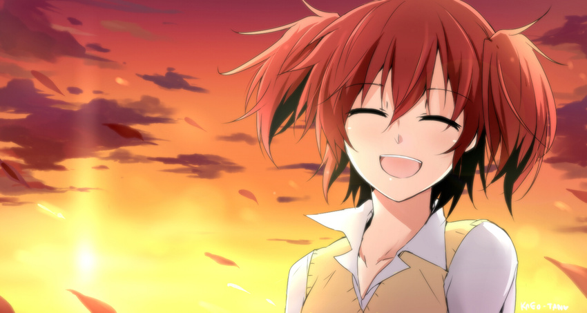 :d ^_^ akuma_no_riddle closed_eyes collarbone ichinose_haru kago-tan open_mouth red_hair school_uniform short_hair smile solo sunset teeth twintails