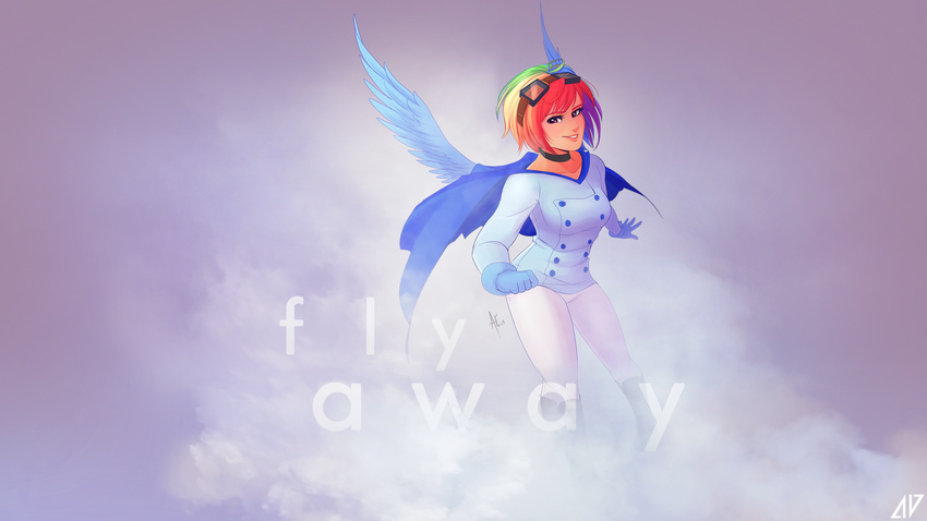 clothing cloud english_text eyewear feathers female friendship_is_magic gloves goggles hair human jave_the_13 mammal multi-colored_hair my_little_pony pink_eyes rainbow_dash_(mlp) sky smile solo spittfire text wings