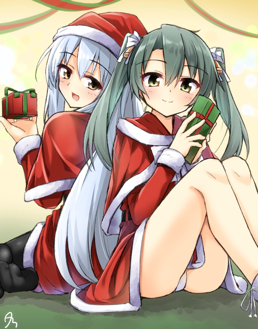 2girls :d absurdres ass bell black_legwear box brown_eyes capelet christmas dress eyebrows_visible_through_hair fur-trimmed_boots fur-trimmed_capelet fur-trimmed_dress fur_trim gift gift_box green_eyes green_hair hair_bell hair_ornament hair_ribbon hat highres hino_(2nd_life) holding holding_box holding_gift jingle_bell kantai_collection long_hair looking_at_viewer multiple_girls open_mouth panties pantyhose pantyshot pantyshot_(sitting) red_dress ribbon santa_costume santa_hat seiza shoukaku_(kantai_collection) signature sitting smile twintails underwear white_hair white_ribbon zuikaku_(kantai_collection)