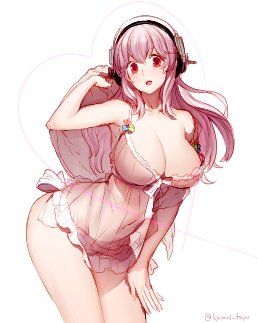 blush breasts cleavage headphones highres kazari_tayu large_breasts long_hair looking_at_viewer navel nitroplus open_mouth panties pink_hair red_eyes see-through simple_background sketch solo super_sonico underwear underwear_only white_background