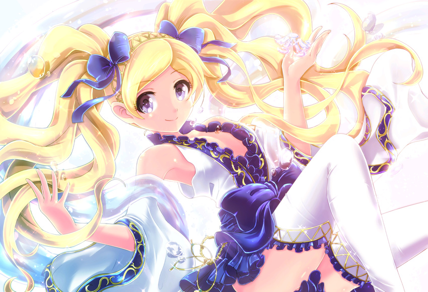 bare_shoulders blonde_hair blue_bow bow commentary_request detached_sleeves emily_stewart frilled_legwear frills hair_bow hair_ornament idolmaster idolmaster_million_live! ima_(lm_ew) long_hair looking_at_viewer purple_eyes smile solo twintails white_legwear
