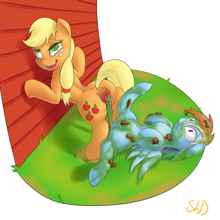 absurd_res anus applejack_(mlp) blonde_hair blue_fur butt cutie_mark duo earth_pony equine feces female feral freckles friendship_is_magic fur green_eyes hair hi_res horse lesbian lying mammal multi-colored_hair my_little_pony on_back open_mouth orange_fur outside pegasus pony purple_eyes rainbow_dash_(mlp) rainbow_hair rainbow_tail scat shdingo wings