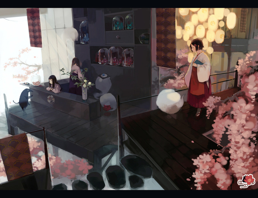 apron architecture black_hair brown_hair carrying counter east_asian_architecture flower glass hair_flower hair_ornament hakama indoors japanese_clothes leaning letterboxed long_hair multiple_girls original plant pond short_hair silhouette smile vase wakatsuki_(etoiles) wooden_floor