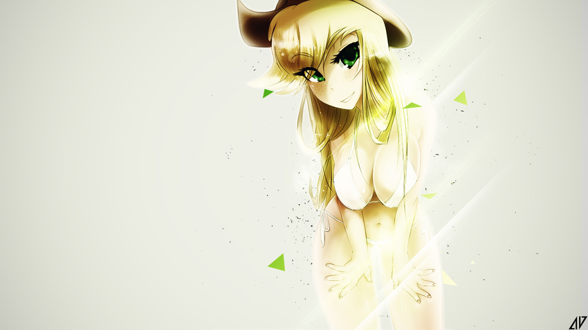 applejack_(mlp) bikini blonde_hair breasts cleavage clothed clothing cowboy_hat female freckles friendship_is_magic green_eyes hair hat human jave_the_13 looking_at_viewer mammal my_little_pony navel plain_background smile swimsuit teeth